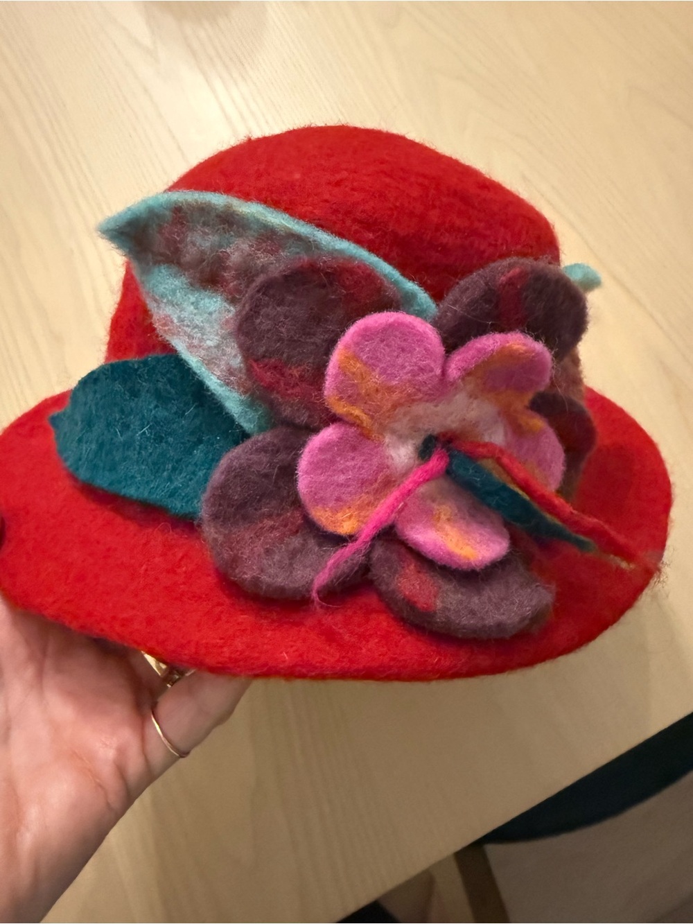 Red wool Flower Accent Women's Hat